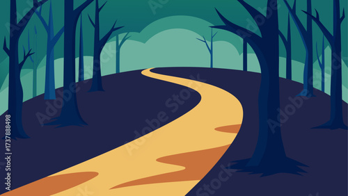 A pathway through the dark forest scene