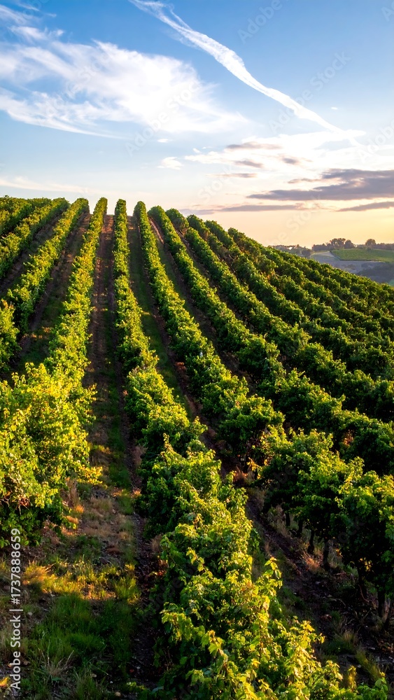 Naklejka premium Vineyard rows ascend a hillside under a partly cloudy sky