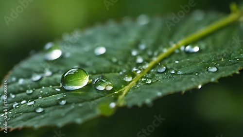 Macro close-up of a fresh dewdrop on a green leaf glowing in soft morning light, symbolizing purity and freshness.