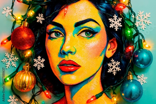 Festive Pop Art Portrait. A vibrant pop art illustration of a woman's face adorned with twinkling Christmas lights, colorful ornaments, and delicate snowflakes. Holiday cheer meets modern art.