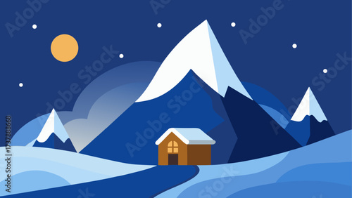 Cabin in snowy mountains at night scene