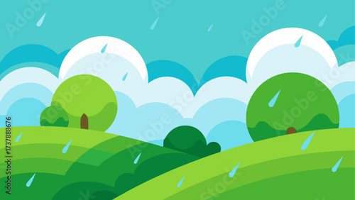 Cartoon landscape with rain and green hills