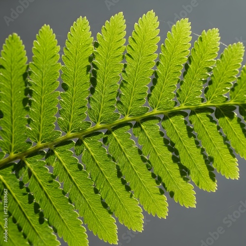Close-up of a vibrant green fern leaf showcasing intricate patterns and textures against a neutral background