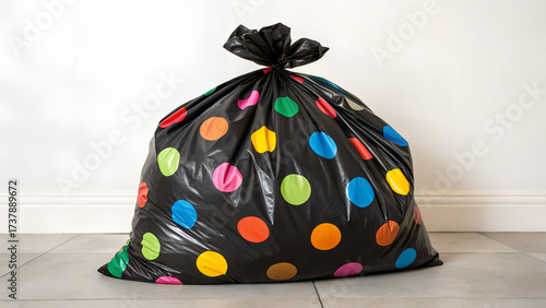 Playful polka dot trash bag ready for cleanup, a bright and cheerful way to tackle household waste, offering a fresh take on home organization