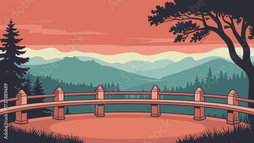 A scenic view from a lookout point with mountains and trees under a colorful sky illustration art