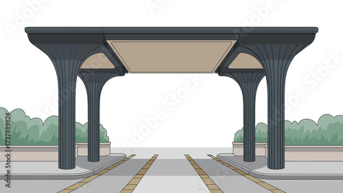 Illustration of a covered entryway with columns and a walkway leading towards a blank white space