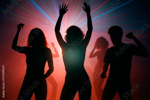 Silhouetted Ravers Dancing Under 90s Neon Laser Beams. Dancers move in silhouette against glowing red and green laser beams at a moody 90s rave.