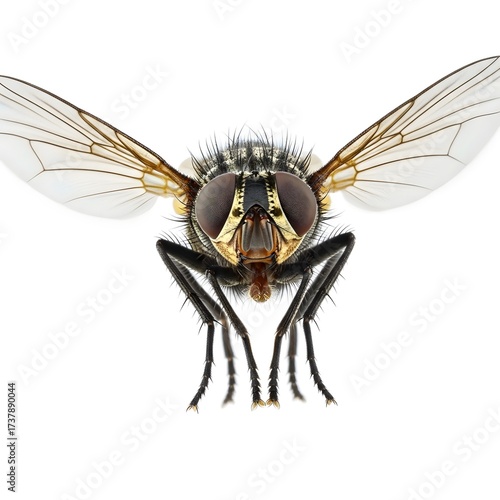 Close-up of a detailed insect with transparent wings, showcasing its unique anatomy against a white backdrop