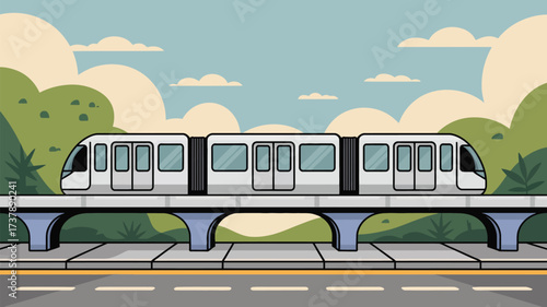 A cartoon illustration of a train on an elevated track with a scenic background design element