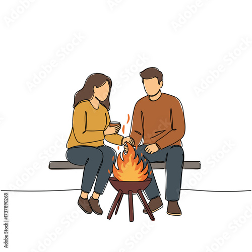 Couple sitting by a bonfire sharing moments in autumn evening  