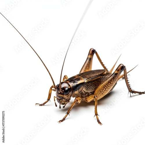 Close-up of a cricket on a white background, showcasing its intricate details and natural features