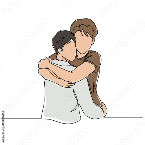 Two men hugging affectionately in an illustrated style  