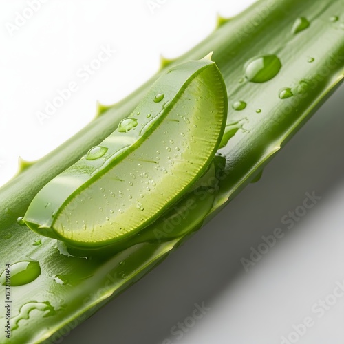 Fresh aloe vera leaf with a sliced segment showcasing its gel, placed on a clean white background