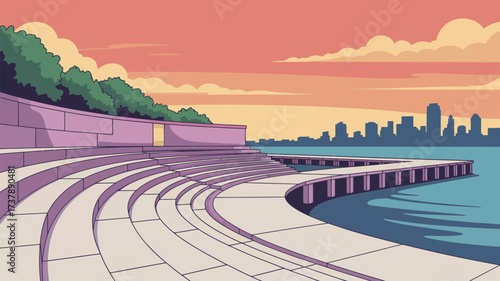A stylized illustration of an amphitheater near water with a city skyline at sunset view point