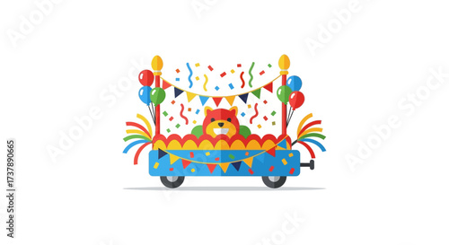 Cartoon parade float illustration featuring a smiling animal character in a cheerful carnival setup