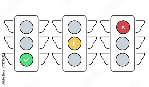 Traffic light status icon set. Editable vector illustration of go, pause, and stop signals with check, pause, and cross marks. EPS decision concept pack