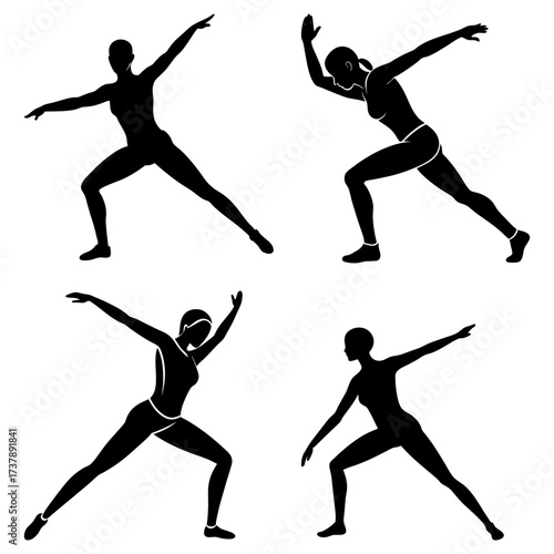Four black silhouettes of women in various dynamic poses with arms extended and legs apart on white