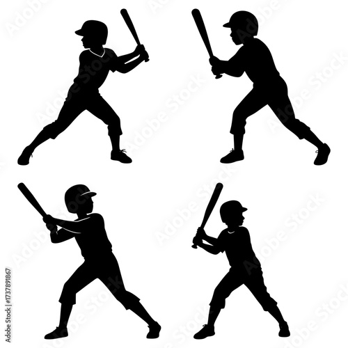 Silhouette illustration showing four baseball players in batting stance with bats ready to swing hard now