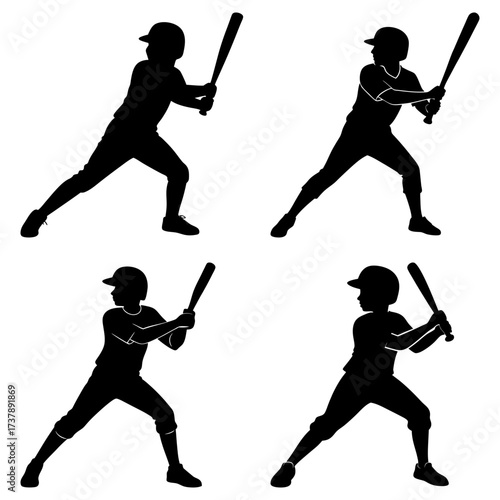 Four silhouette images of baseball players in batting stance holding bats ready to swing at the ball game