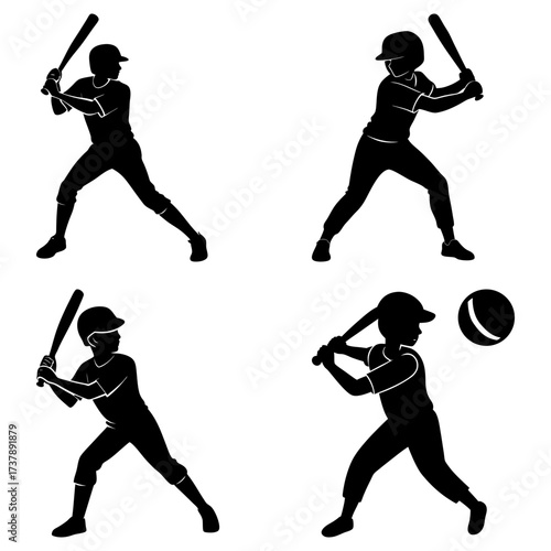 Four baseball player silhouettes in batting stance ready to hit with a baseball in the corner view