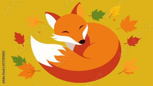 Sleeping fox surrounded by autumn leaves