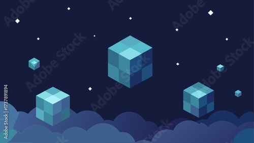 Cubes floating above clouds at night time