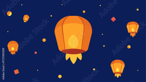 Floating lanterns in the night sky view