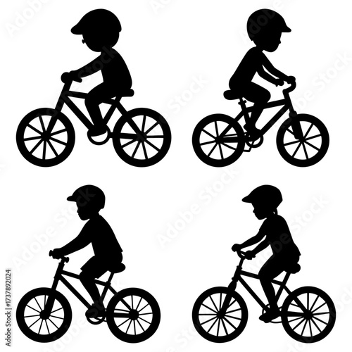 Four silhouettes of children riding bicycles with helmets in a simple black and white illustration style