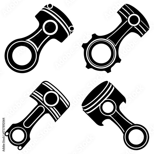Four engine pistons in black and white showing different designs and orientations on a white background