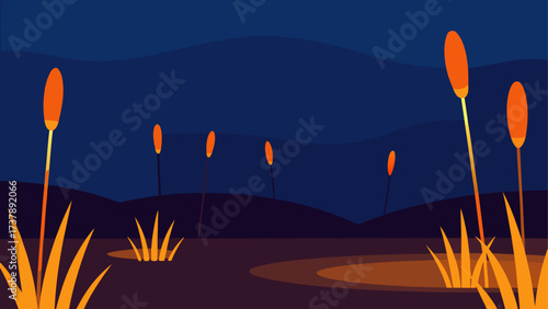 Cattails at night in a dark landscape