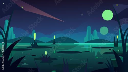 Nighttime swamp landscape with green light