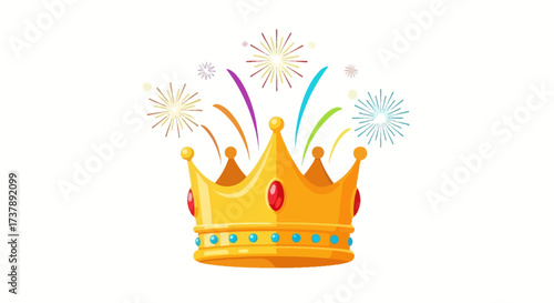 Illustrative golden crown with colorful celebratory fireworks on a clean background