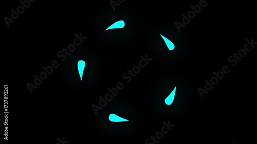 Abstract glowing neon blue teardrops flying in a circular pattern
