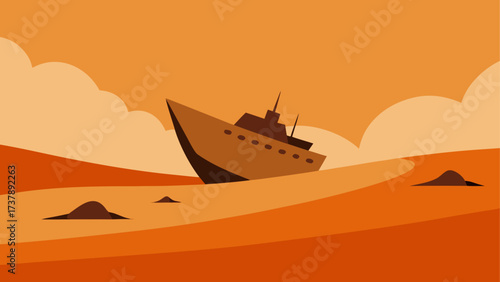 Ship stranded on a sand dune landscape art
