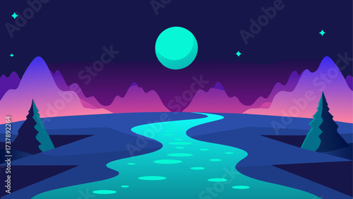 Illustration of landscape with river moon