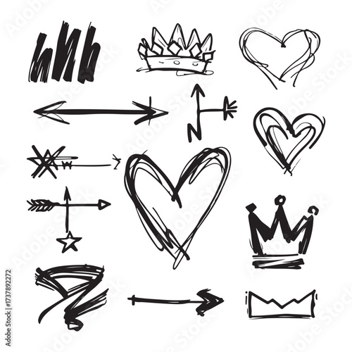 Line brush heart vector set. Hand-drawn sketch doodle style arrow, cloud, star with marker stroke pencil highlight. Cute handwritten crown, heart, star line brush art design. Vector illustration.