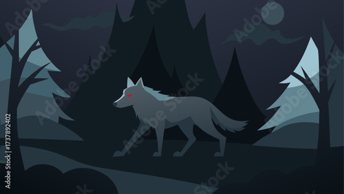 Wolf prowling through a dark forest night