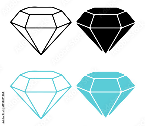 Diamond icon set. Editable vector illustration of geometric gemstones in outline and filled styles. EPS luxury symbol pack