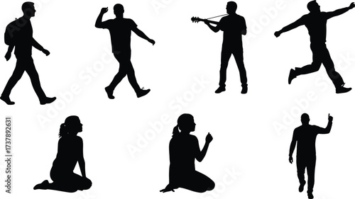 Human silhouette poses vector set with walking, running, sitting, kneeling, pointing, and guitar playing figures for creative lifestyle design.