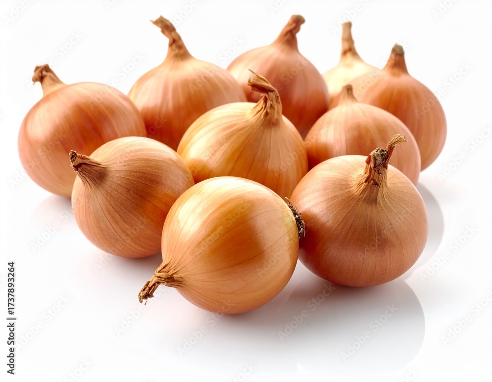 Fototapeta premium Several shallots are arranged randomly to form a small pile, isolated white background, soft shadows blending underneath, studio lighting creates a fresh and natural impression