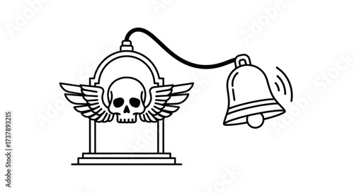 Spooky skull alarm with wings and vintage style bell illustration for halloween