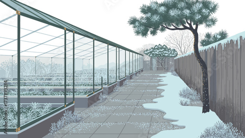 A winter scene featuring a greenhouse with snow covered plants and a tree next to a wooden fence line
