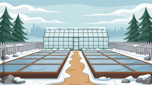 A winter scene with a greenhouse snow covered ground trees and a white picket fence in the background
