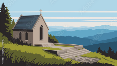 A quaint chapel sits atop a grassy hill overlooking a serene mountain range under a clear blue sky