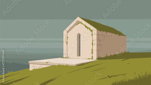 A small stone building with a grassy roof sits on a hill overlooking a body of water on a cloudy day