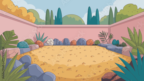 Cartoon illustration of a courtyard with pink walls and various plants and rocks surrounding the area