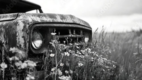 Classic vehicle photographed in monochrome