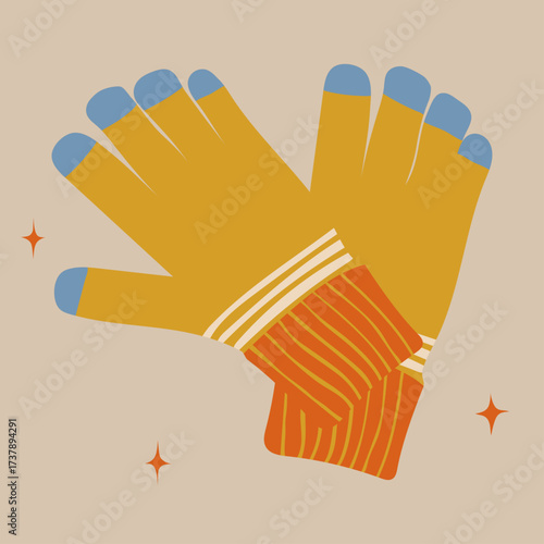 Winter Gloves. Cozy knitted gloves in orange and yellow with blue fingertips. Perfect for concepts related to winter clothing, cold weather, cozy fashion, holiday season, and warm accessories.