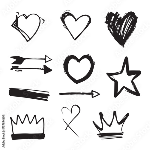 Sketch line arrow element, star, heart shape. Hand-drawn doodle sketch brush love and love element set. a seamless collection of hand-drawn doodle elements in black on a whit background.