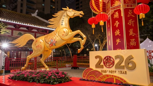 Celebrate the Year of the Horse with vibrant Lunar New Year decorations and traditional red lanterns, perfect for festive celebrations and cultural events